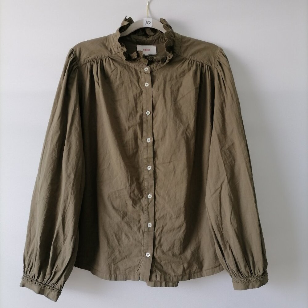 Xirena Womens Moss Green Balloon Sleeve Ruffle Gathere Poplin Blouse Size L